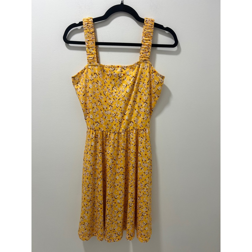 HUHOT Yellow Floral Ditsy Print Sleeveless Sun Dress Ruched Straps Medium